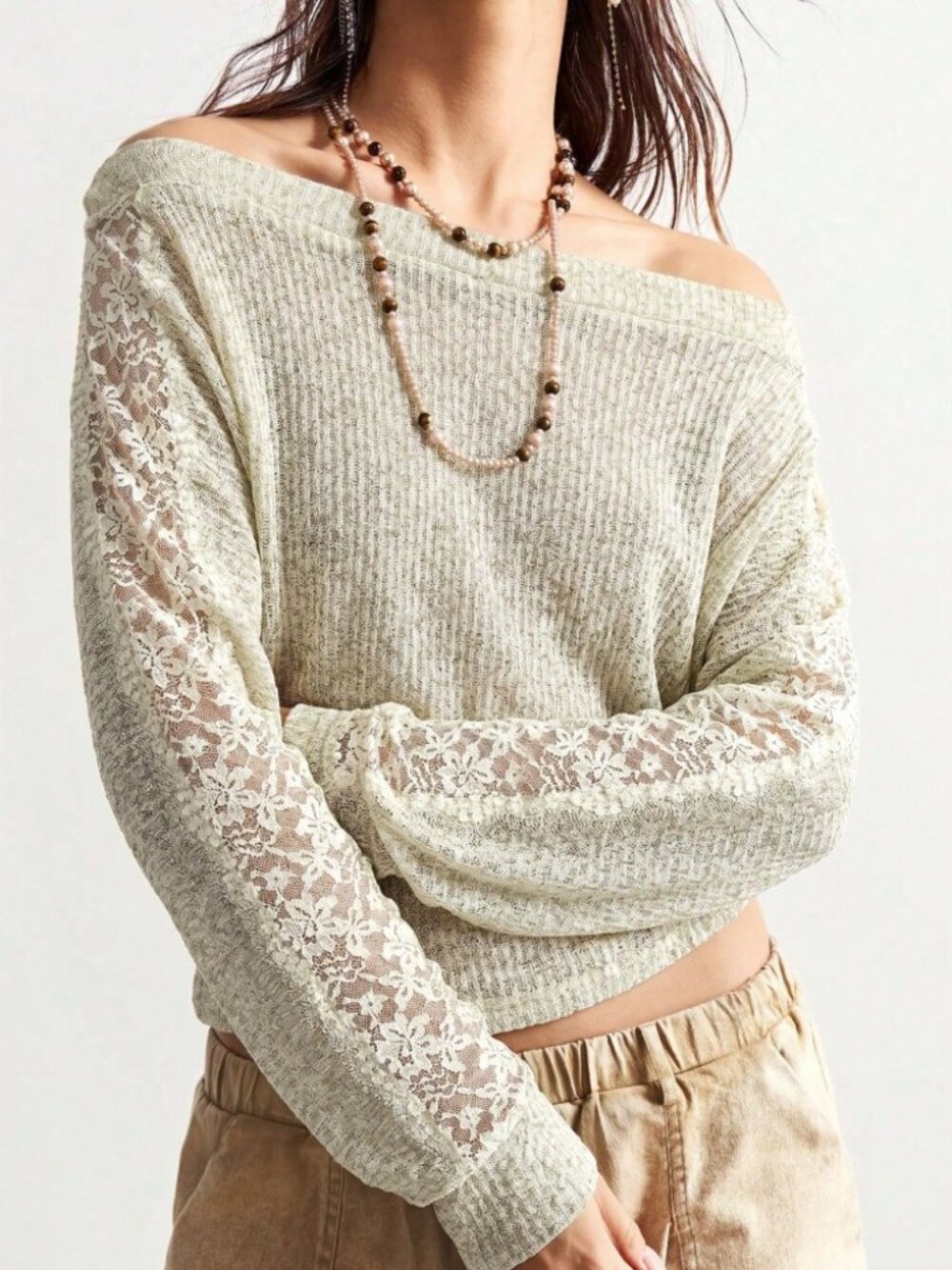 Sage Green Knit Top with Lace Sleeve Panels